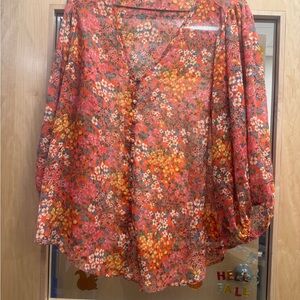 Torrid Floral V-Neck Blouse - Red and Yellow